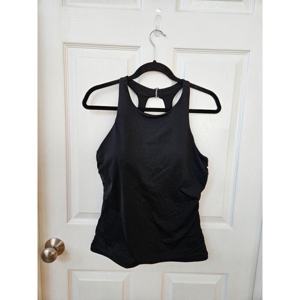 Athleta Black Tankini Swim Top 38D DD Bra Sized Racerback Ruched Shelf Bra
